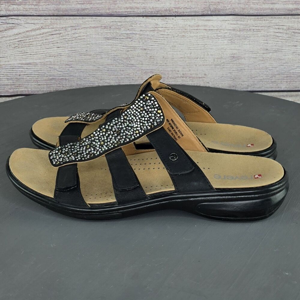 Revere Woman Catalina Leather Sandals Black Rhinestones Slip On Slides Size 11 - Picture 6 of 8